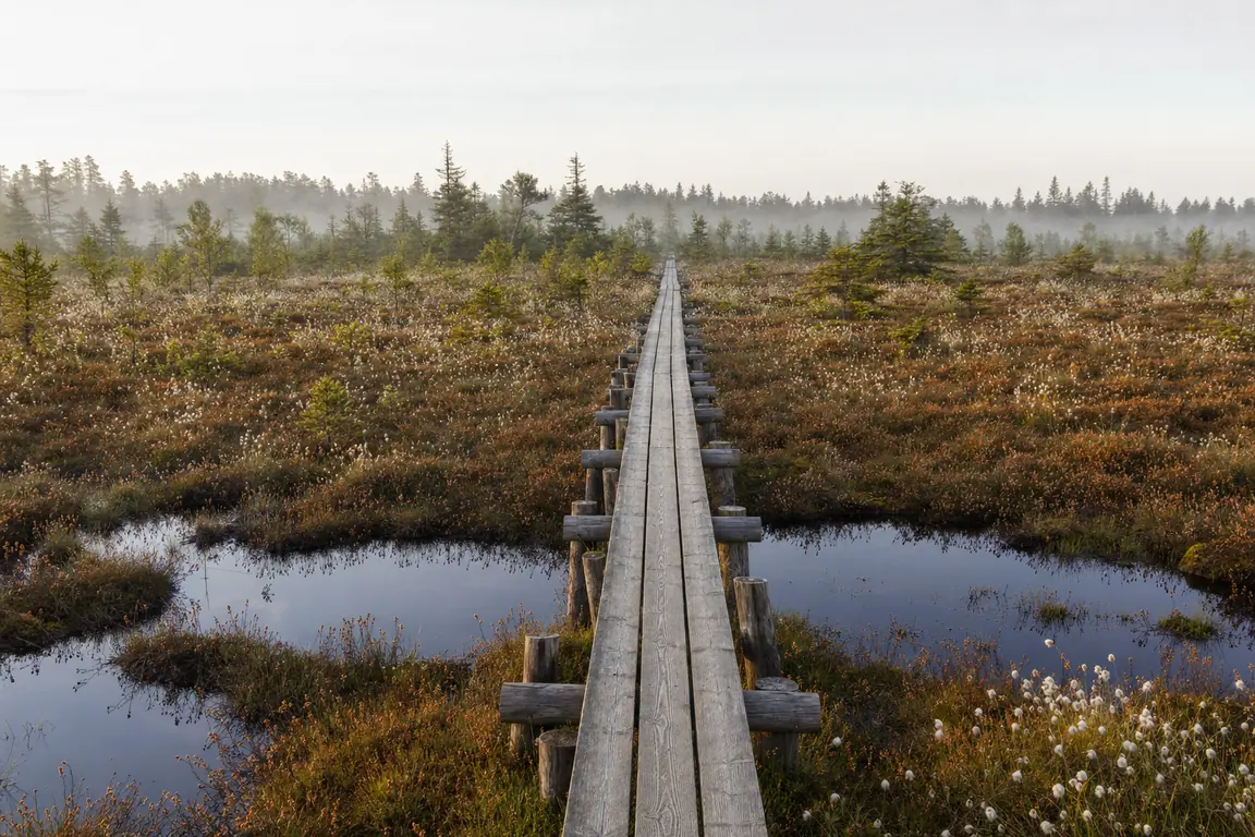 Bohlensteg aus verwittertem Holz über ein offenes Hochmoor mit Wollgras