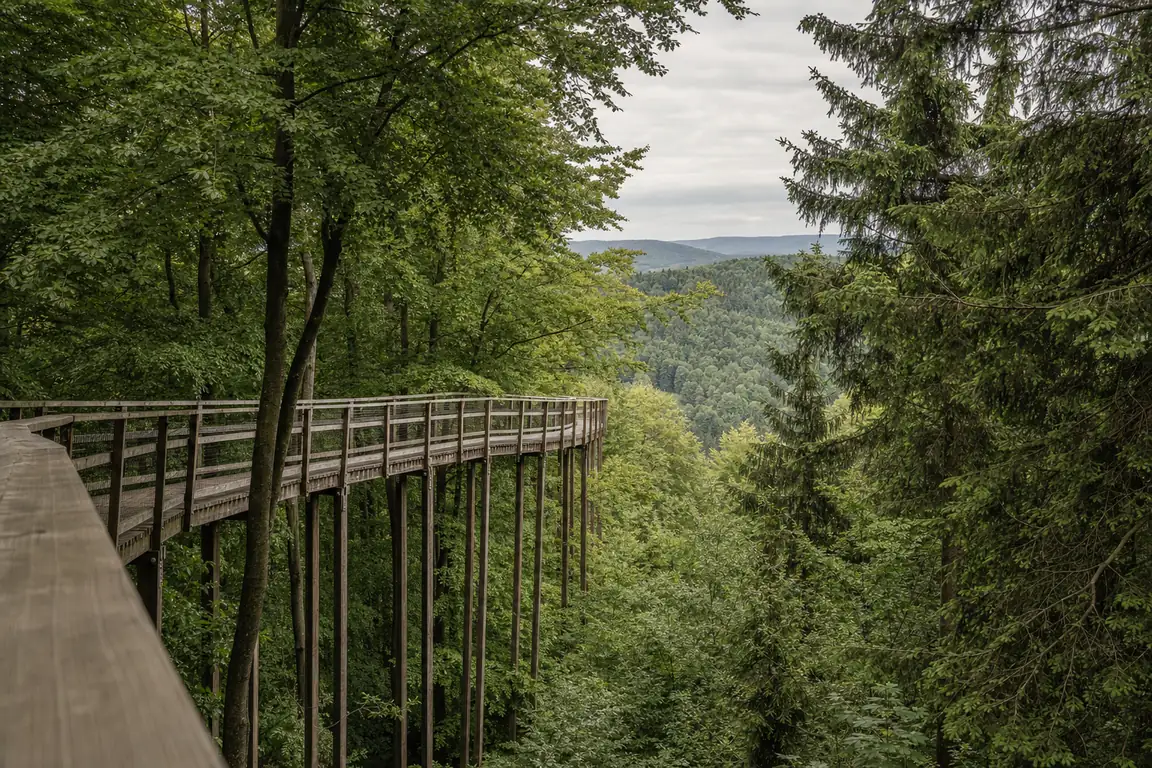 Erhöhter Holzsteg auf schlanken Pfosten durch das obere Kronendach eines Mischwaldes