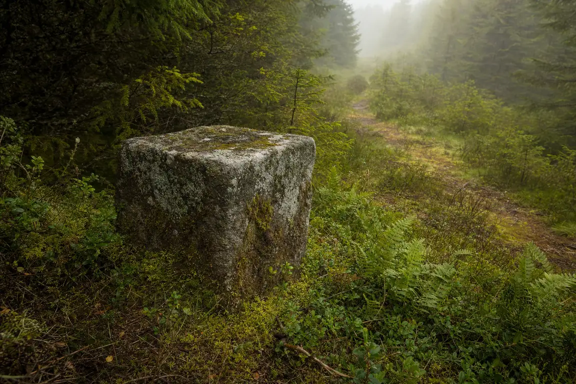 Alter niedriger Grenzstein im Moos am Rand eines Fichtenwaldes