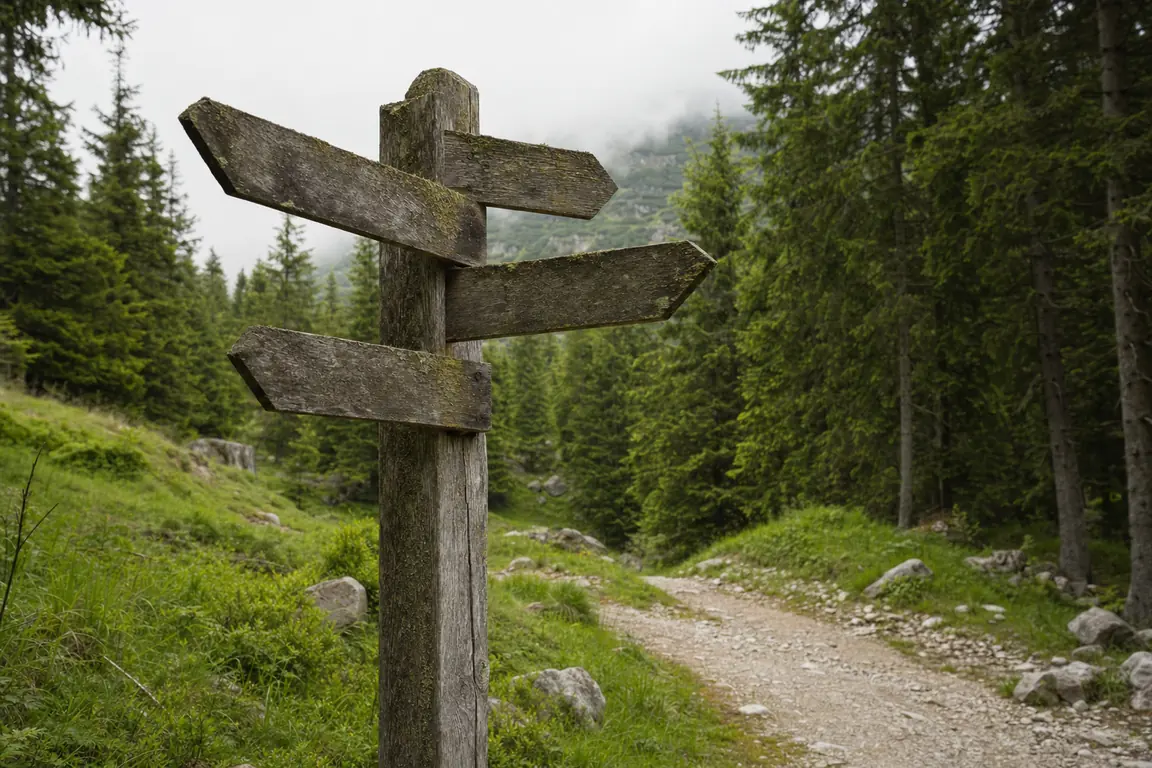 Verwitterter hölzerner Wegweiser an einer Kreuzung von Waldwegen im Nebel