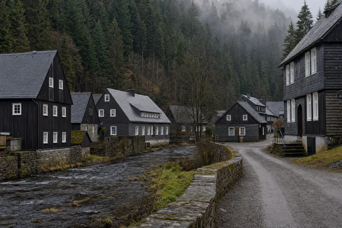 Kleines Bergdorf im engen Waldtal mit dunkel verschalten Häusern und steilen Dächern
