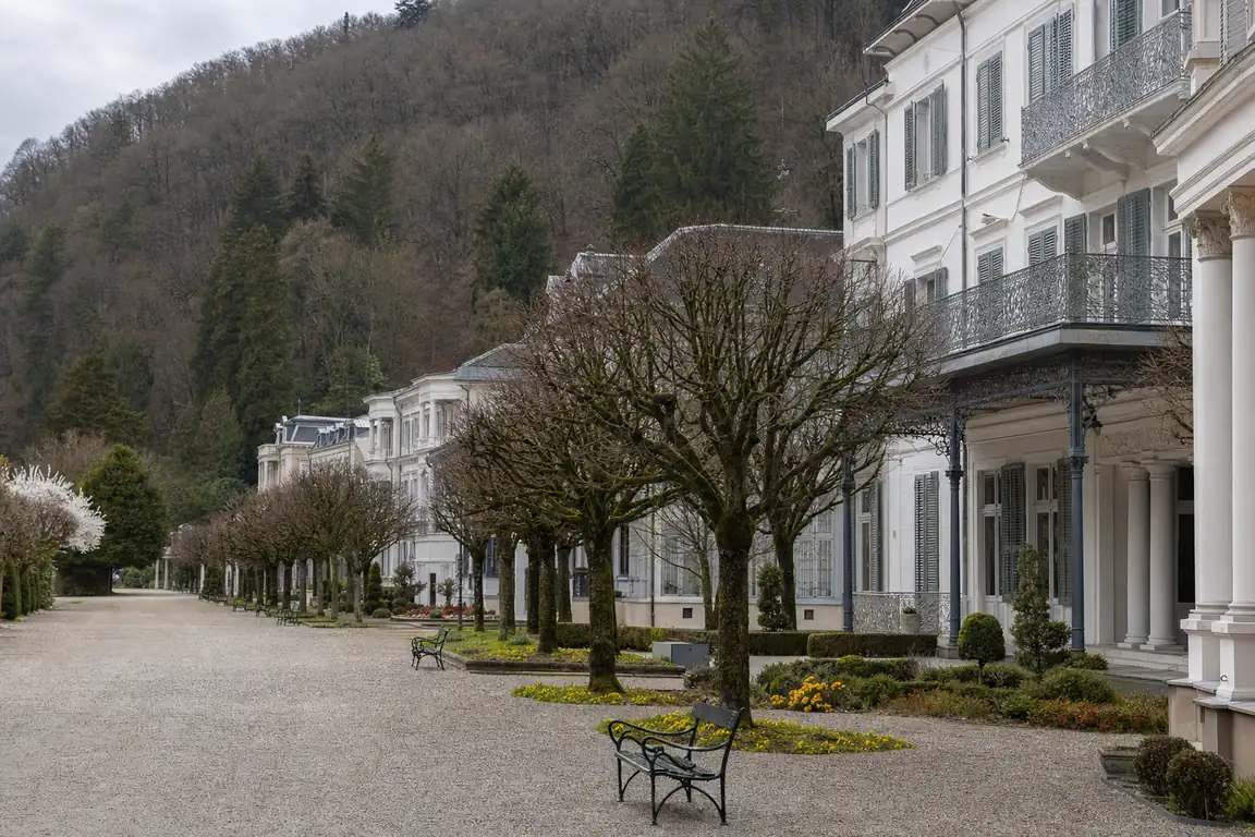 Ruhige Kurpromenade mit Lindenallee und historischen Villenfassaden am Waldrand