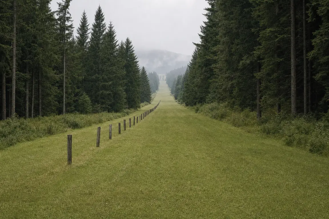 Breiter Wiesenstreifen mit Holzpfosten durch dichten Fichtenwald