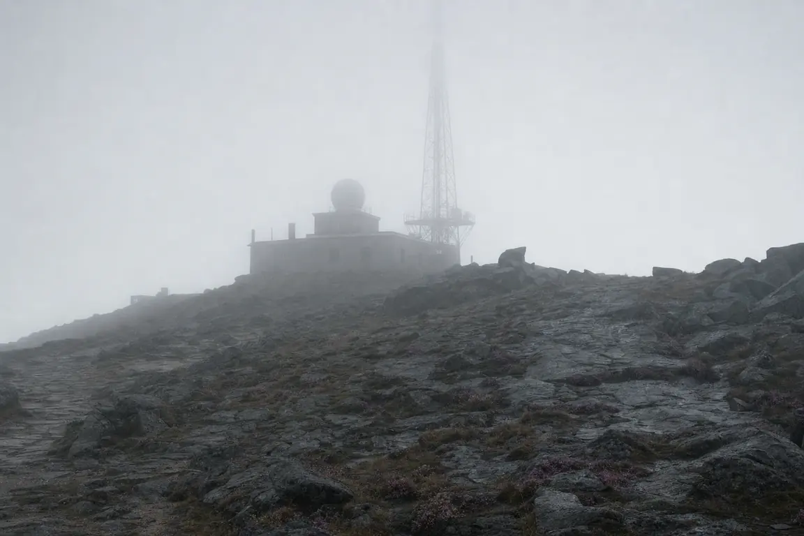 Kuppelbau und Mast des Brockengipfels im dichten Nebel