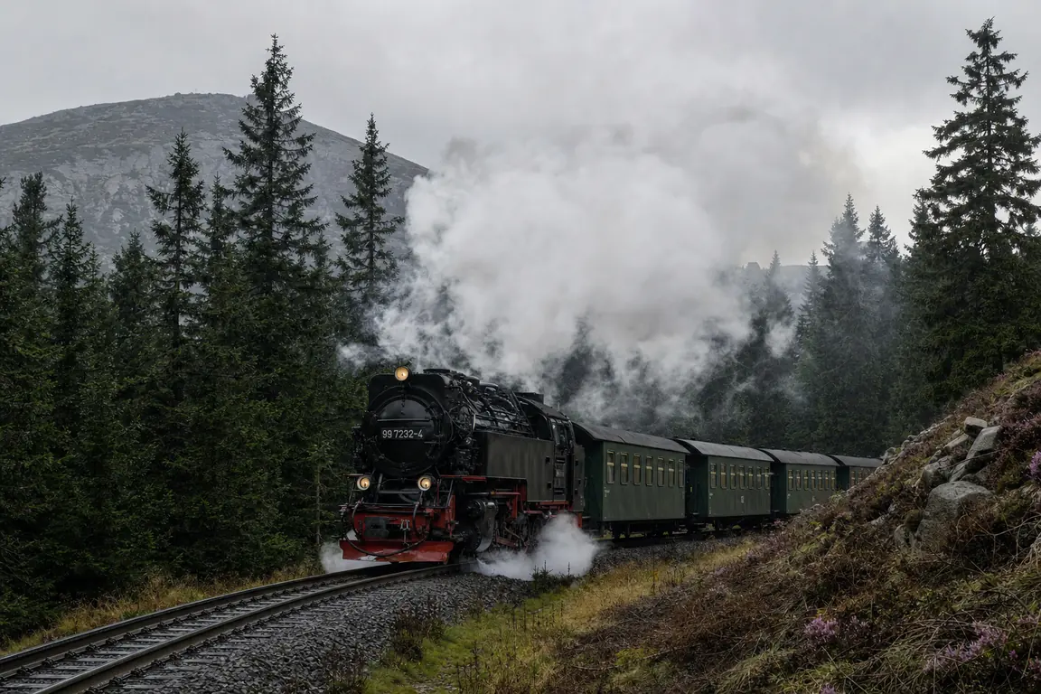 Dampflokomotive der Harzer Schmalspurbahn mit grünen Wagen im Fichtenwald