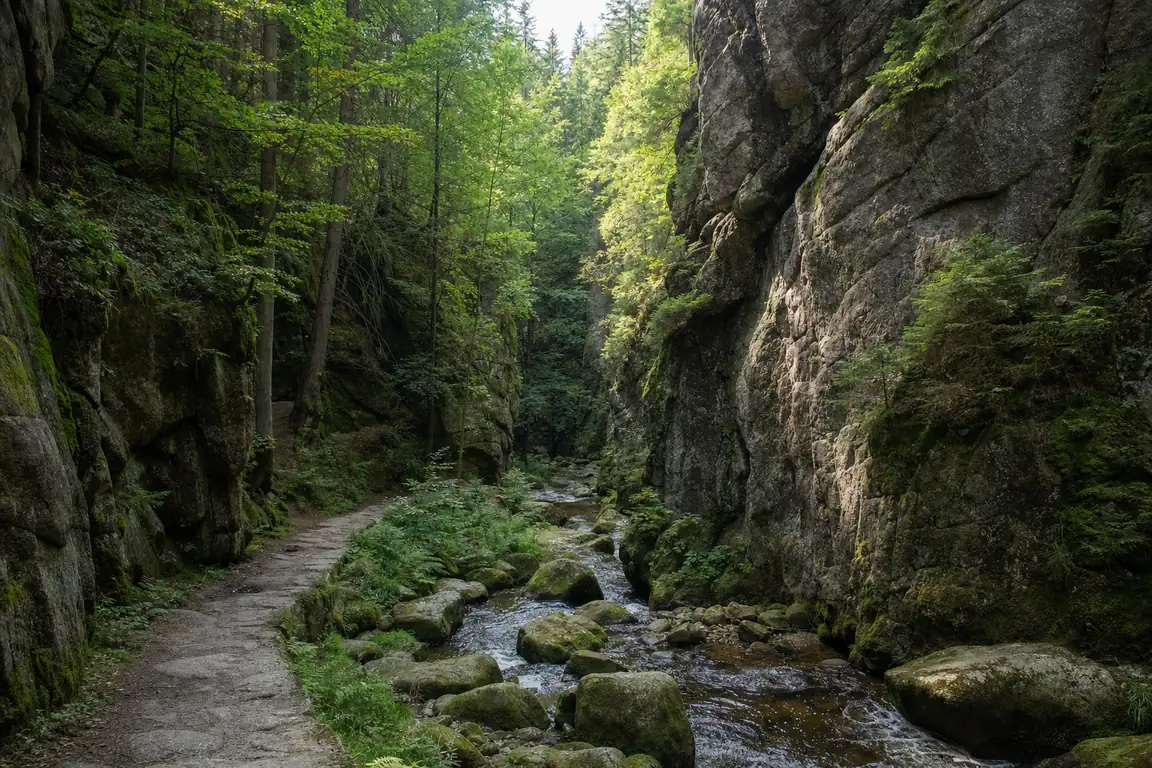 Bewaldete Felsschlucht im Harz mit klarem Bach über Blöcken
