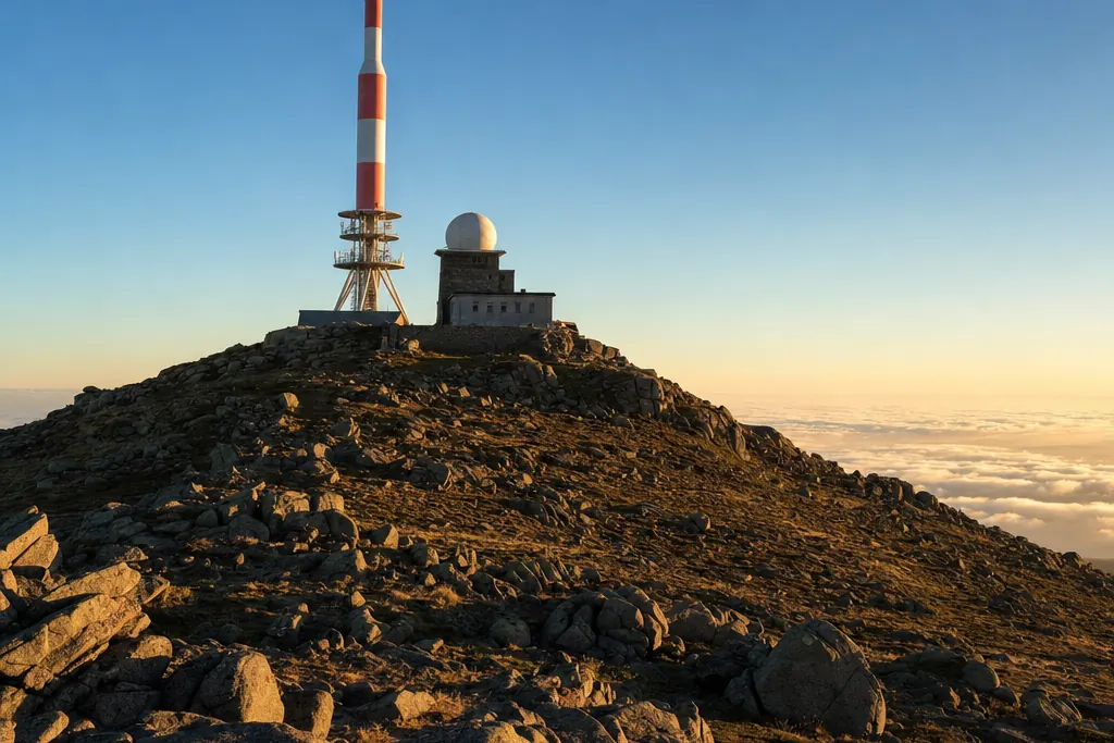 Sendemast und Kuppelbau auf dem Brockengipfel im warmen Abendlicht