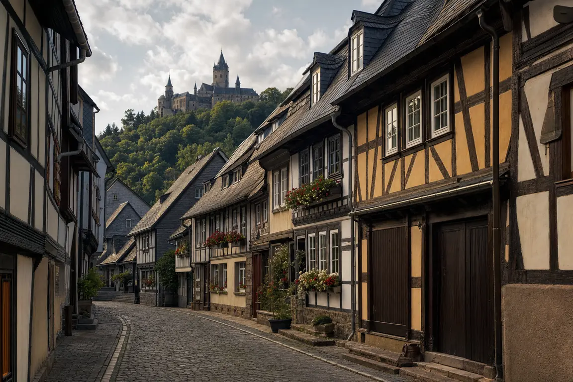 Gasse mit farbigen Fachwerkhäusern und einem Schloss auf dem Waldhügel dahinter